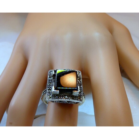 Vintage Marcasite Black Onyx Sterling Silver Ring Sz 6.75 - Picture 3 of 9